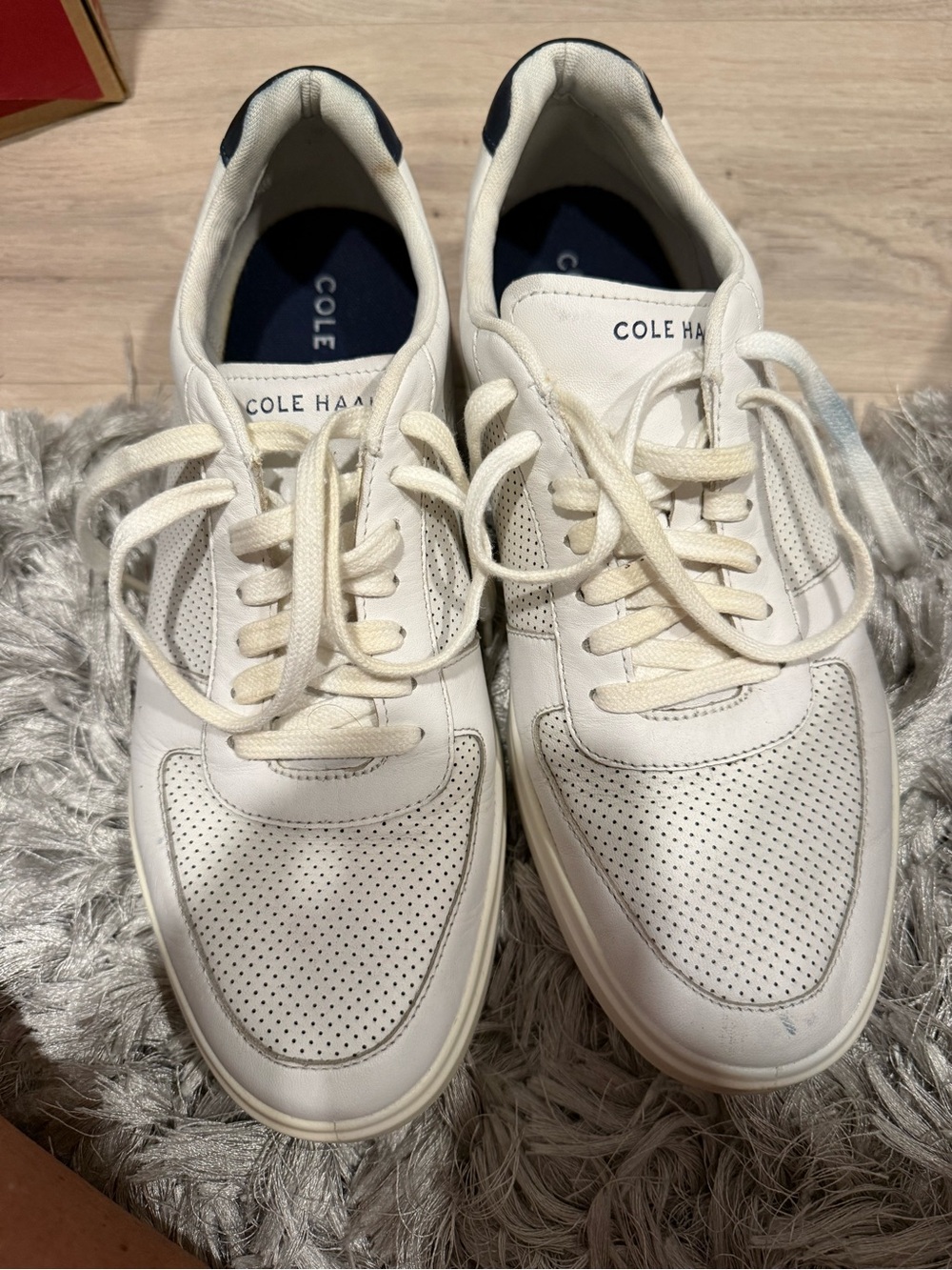 Cole Haan Men's White Leather Sneakers with Navy Heel Detail